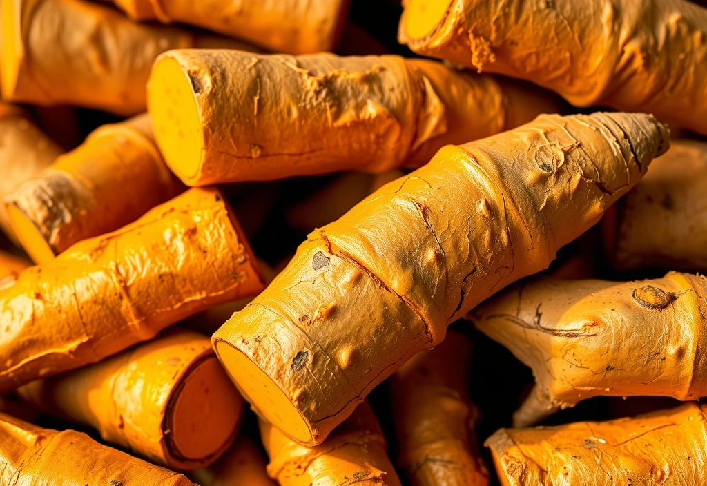 Raíz de cúrcuma fresca y especias de curcumina